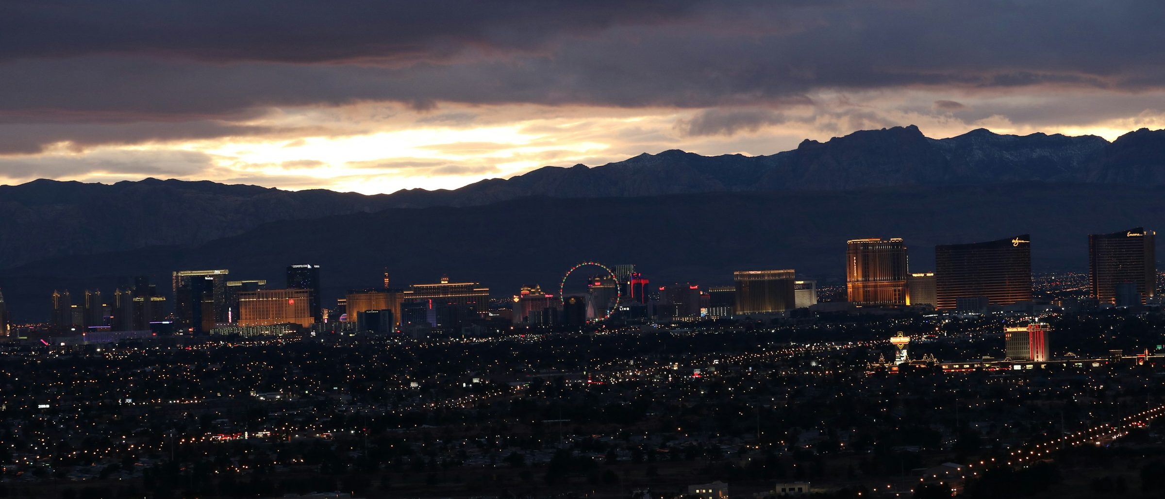 Las Vegas at dusk, seen from a distance.