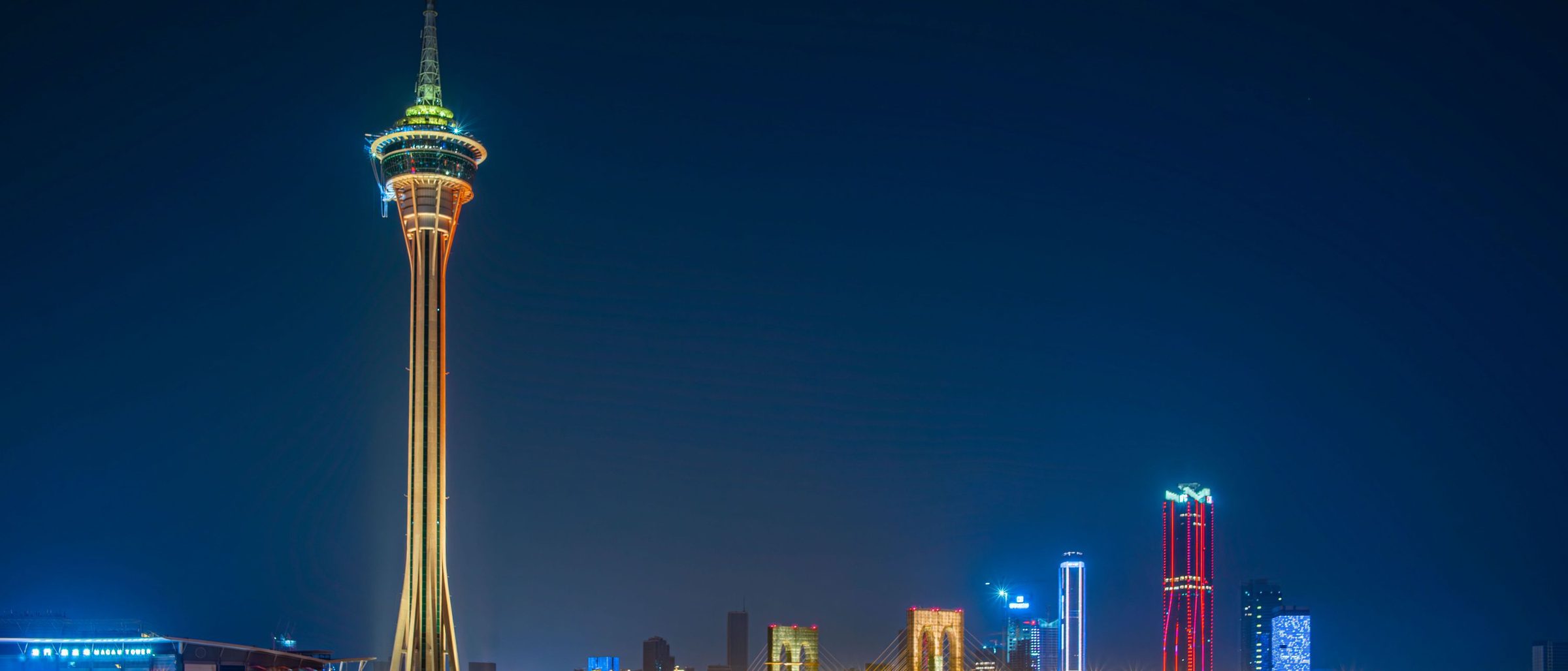 A city skyline at night.